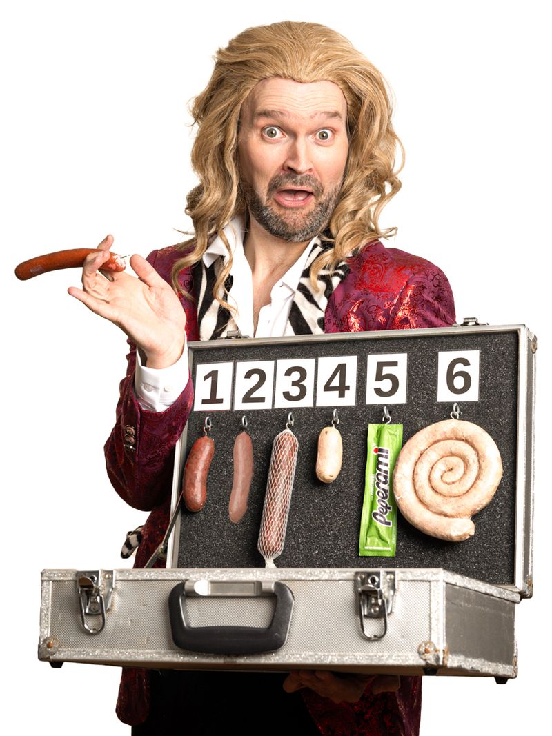 Klause with a case of german sausages