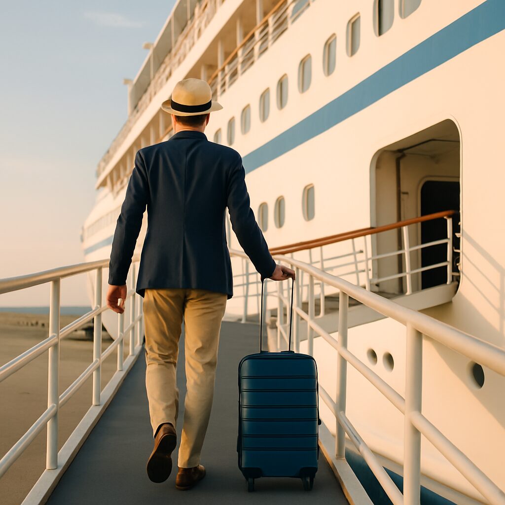man walking up cruise ship gangway with suitcase