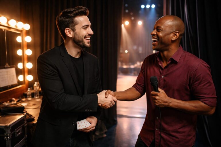 Magician shaking hand of host