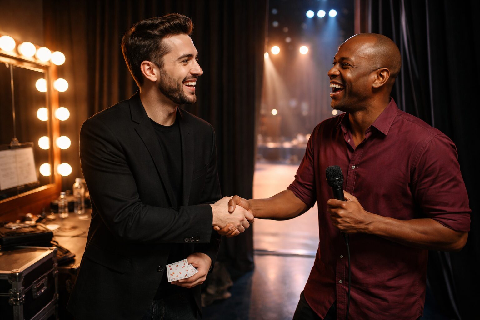 Magician shaking hand of host